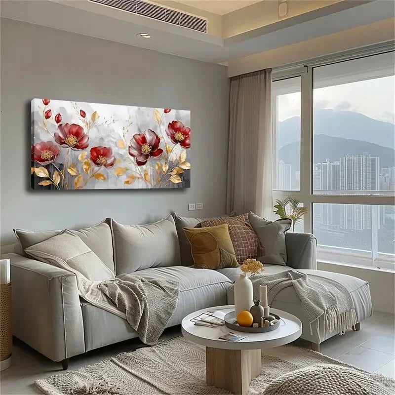 Flowers & Golden Accents Wall Art Canvas Office Home Room Framed 80x45cm