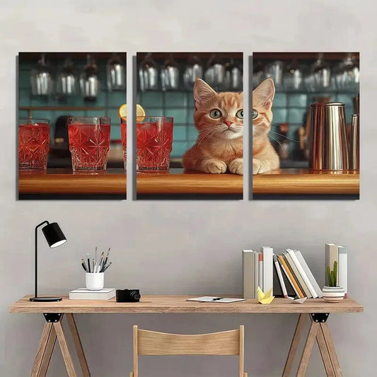 3pcs Modern Atomic Cocktail Bar Pink Cat Metal Print Ready to Hang Art