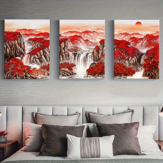 3pcs Traditional Chinese Red Mountains Metal Print Ready to Hang Art