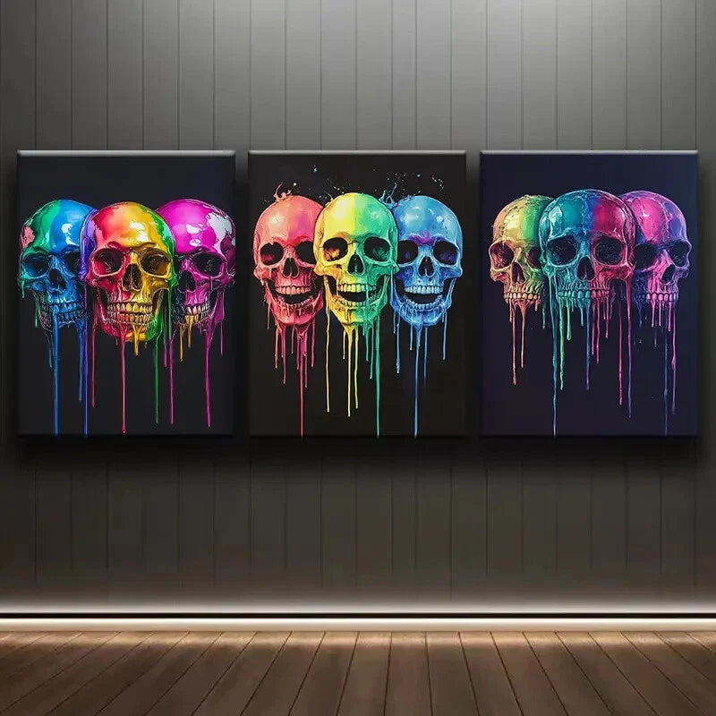 3pcs Set of Colorful Skeleton Dark Fear Perfect Wall Art Set Canvas Framed 40x60cm - High Quality Print 100% Australian Made Wall Canvas Ready to Hang