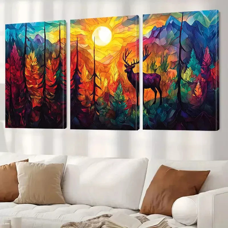 3pcs Vibrant Aesthetic Colorful Sunset Deer Wall Art Set Canvas Framed 40x60cm - High Quality Print 100% Australian Made Wall Canvas Ready to Hang