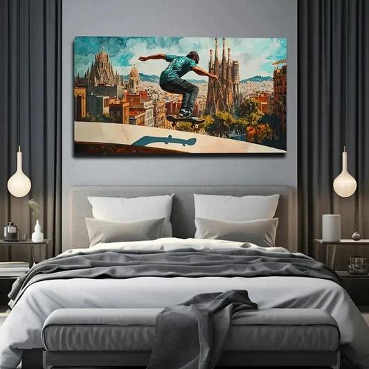 Skateboarder In Barcelona City Wall Art Canvas Office Home Room Framed 120x60cm