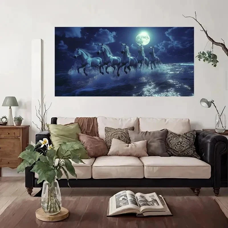 Galloping White Horses Wall Art Canvas Office Home Room Framed 80x45cm