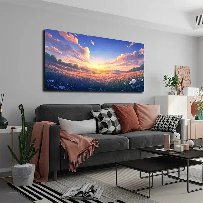 Vibrant Sunset and Flower Field Wall Art Canvas Office Home Room Framed 120x60cm