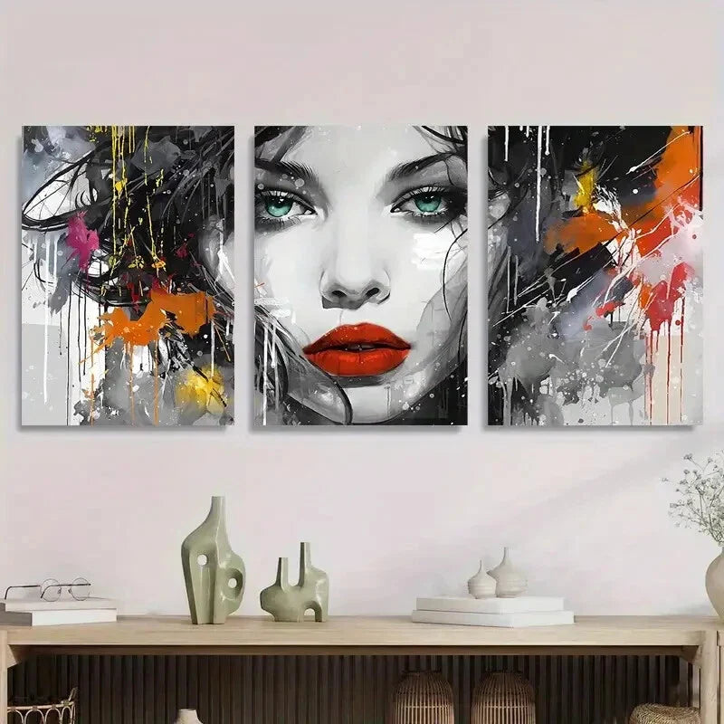 3pcs Modern Woman Face with Colorful Splashes Metal Print Ready to Hang Art