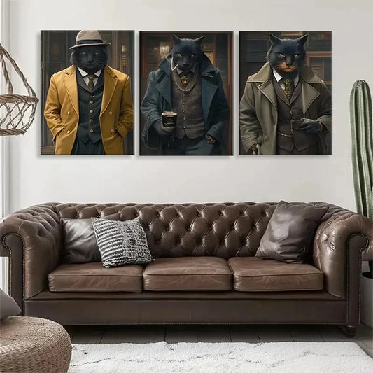 3pcs Elegant Black Cat Classic Suits & Accessorie Metal Print Ready to Hang Art