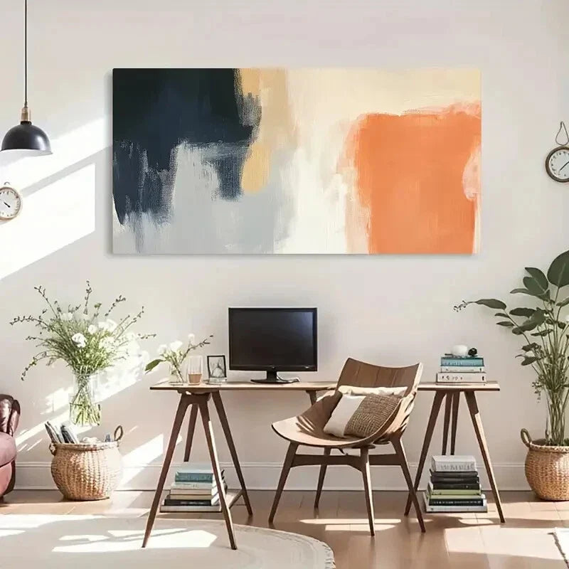 Bold Navy Beige Orange Fluid Wall Art Canvas Office Home Room Framed 120x60cm