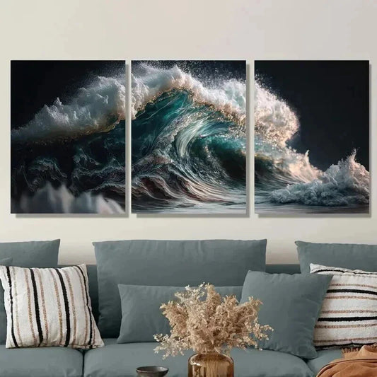 3pcs Ocean Wave Triptych Blue Sea Wall Art Set Canvas Framed 40x60cm - High Quality Print 100% Australian Made Wall Canvas Ready to Hang