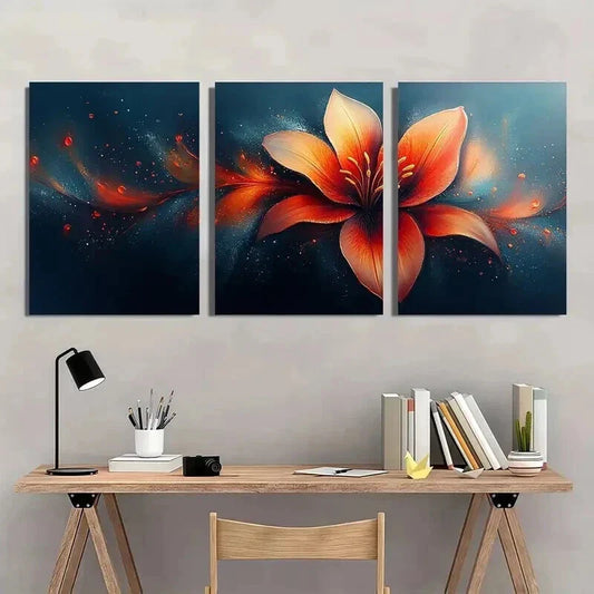 3pcs Flowy Lily Petals in Orange Red & Blue Wall Art Set Canvas Framed 40x60cm - High Quality Print 100% Australian Made Wall Canvas Ready to Hang
