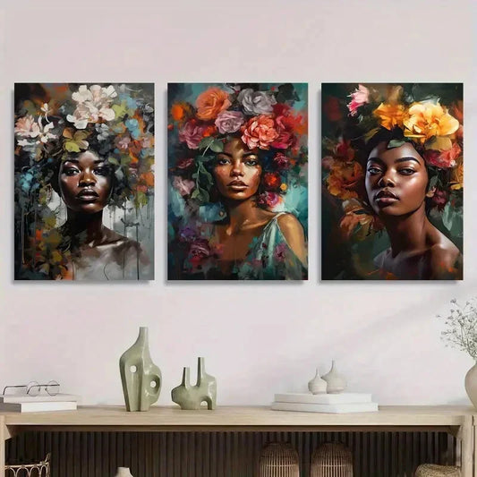 3pcs Vibrant Floral Headdress Portraits Metal Print Ready to Hang Art