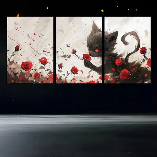 3pcs Whimsical Cat and Roses Red Eyes Metal Print Ready to Hang Art