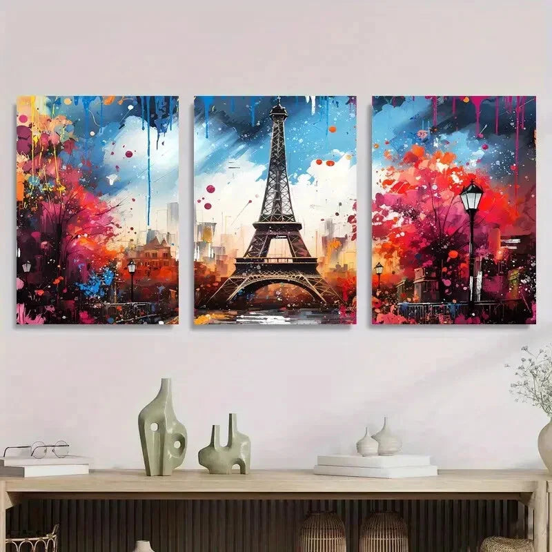 3pcs Eiffel Tower Graffiti Colorful Paris Citysca Metal Print Ready to Hang Art