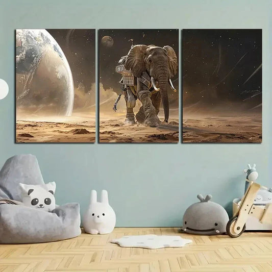 3pcs Small Elephant Space Brown Metal Print Ready to Hang Art
