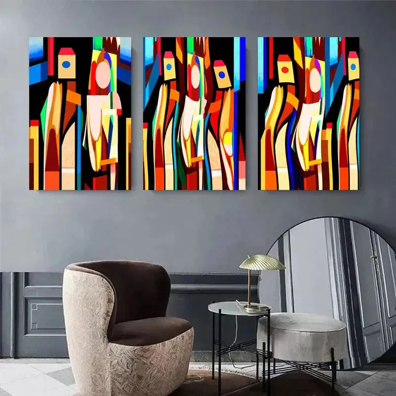 3pcs Bold Colorful Cubism Design with Dynamic Metal Print Ready to Hang Art