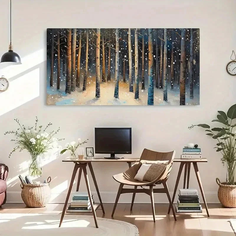 Winter Snowy Forest Night Scene Wall Art Canvas Office Home Room Framed 120x60cm