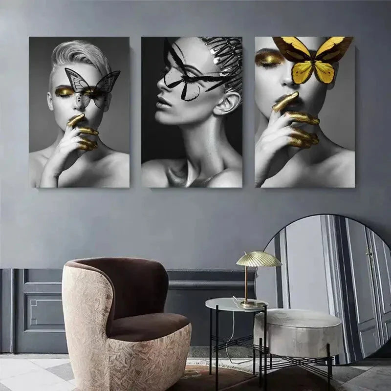 3pcs Black and White Butterfly Makeup Metal Print Ready to Hang Art