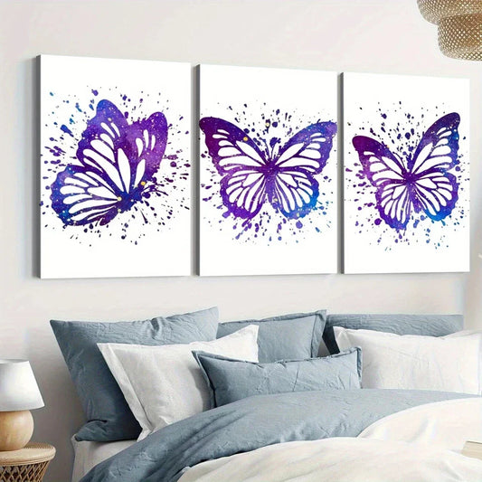 3pcs Purple Butterfly Elegant White Blue Dots Wall Art Set Canvas Framed 40x60cm - High Quality Print 100% Australian Made Wall Canvas Ready to Hang