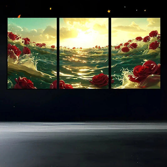 3pcs Red Rose River Sunrise Beach Metal Print Ready to Hang Art