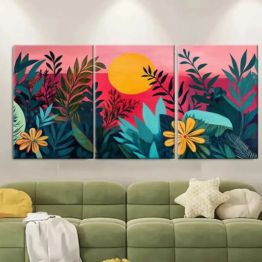 3pcs Mid Century Modern Floral Print with Warm Metal Print Ready to Hang Art