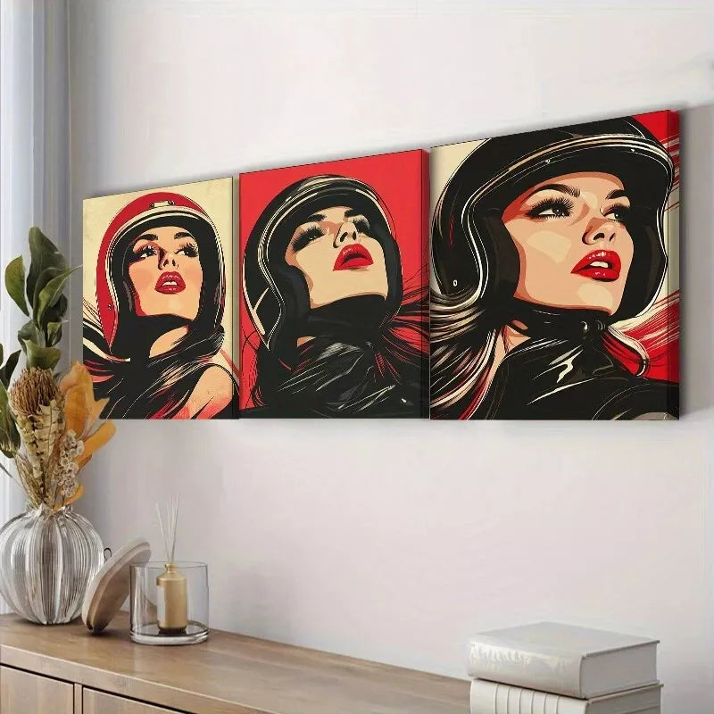 3pcs A Girl In A Bike Helmet Wall Art Set Canvas Framed 40x60cm - High Quality Print 100% Australian Made Wall Canvas Ready to Hang