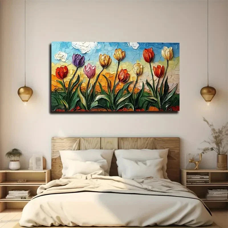 Draw Colorful Tulips Flowers Wall Art Canvas Office Home Room Framed 80x45cm