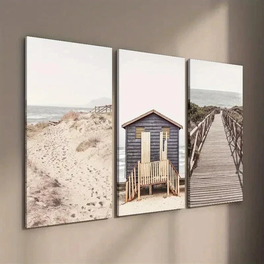 3pcs Sand Dunes & Seaside Hut Landscape Wall Art Set Canvas Framed 40x60cm - High Quality Print 100% Australian Made Wall Canvas Ready to Hang