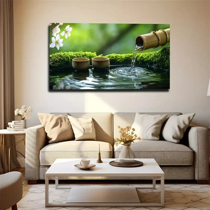 Serene Water Basin With Moss Wall Art Canvas Office Home Room Framed 120x60cm