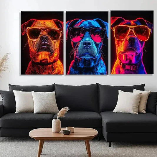3pcs Stylish Dogs in Neon Fashion Glasses Wall Art Set Canvas Framed 40x60cm - High Quality Print 100% Australian Made Wall Canvas Ready to Hang