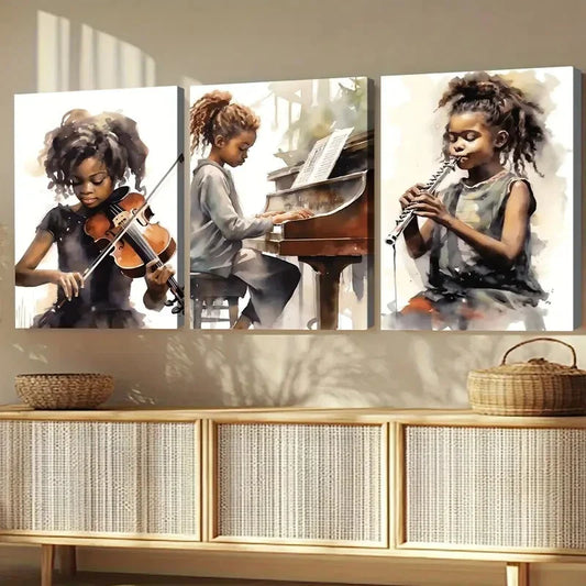 3pcs Black African American Girl Musical Instruments Wall Art Set Canvas Framed 40x60cm - High Quality Print 100% Australian Made Wall Canvas Ready to Hang