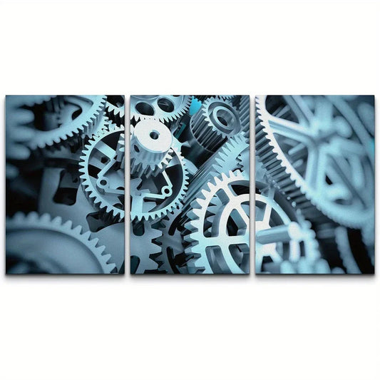 3pcs White Mechanical Cogs Gears Geometric Shapes Metal Print Ready to Hang Art