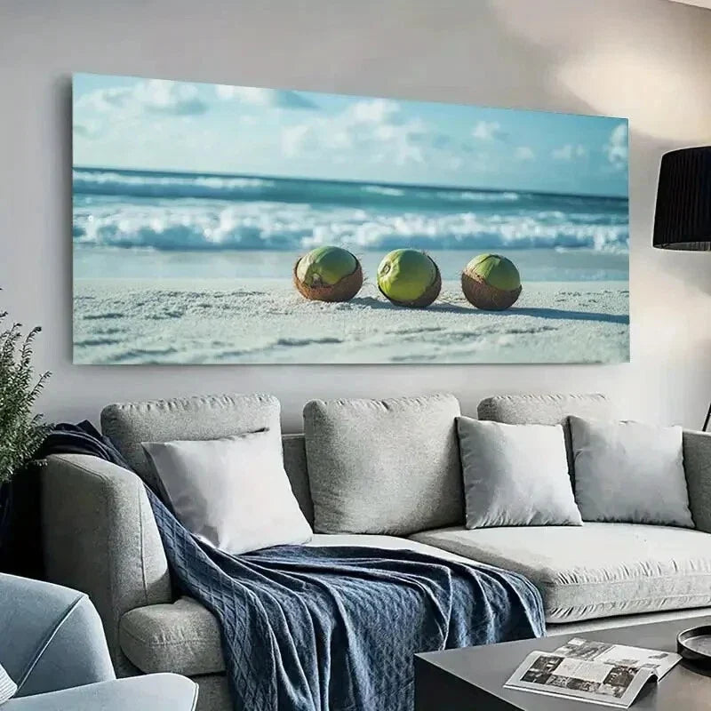 Coconuts on Sandy Beach wall canvas office home room framed 80x45cm