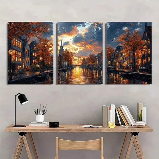 3pcs Vibrant Autumn Street Scene Mid Century Charm Metal Print Ready to Hang Art