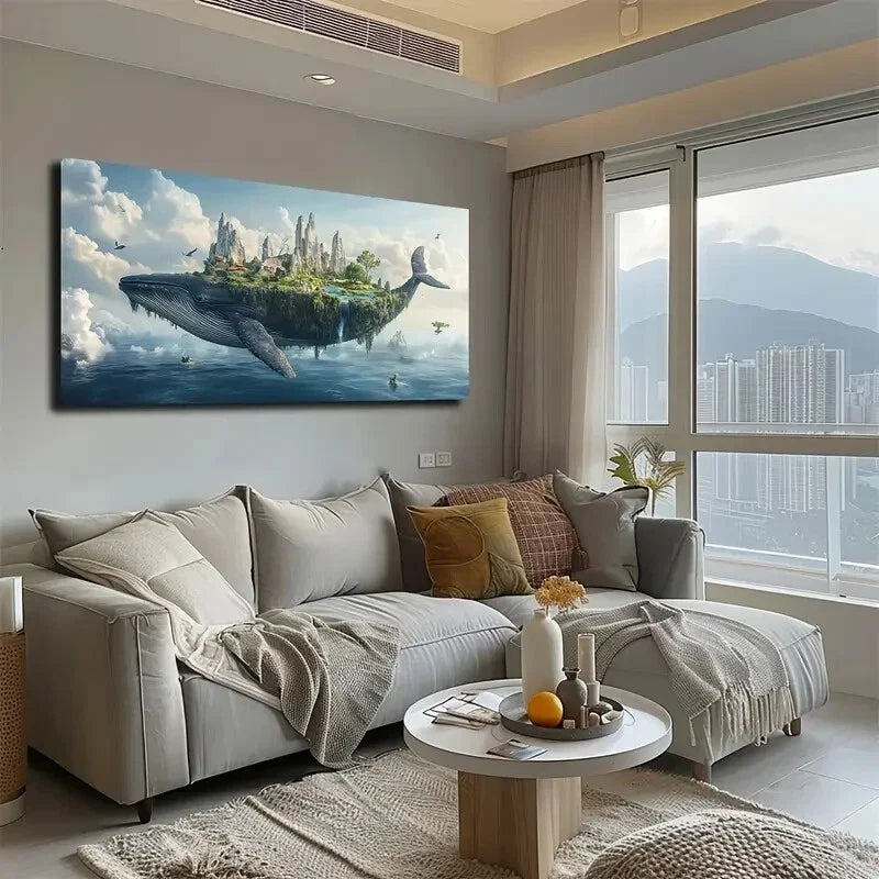 A Magical Island Whale Back Wall Art Canvas Office Home Room Framed 80x45cm