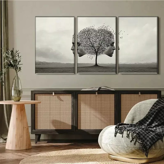 3pcs Black &White Fantasy Surreal Tree and Faces Wall Art Set Canvas Framed 40x60cm - High Quality Print 100% Australian Made Wall Canvas Ready to Hang
