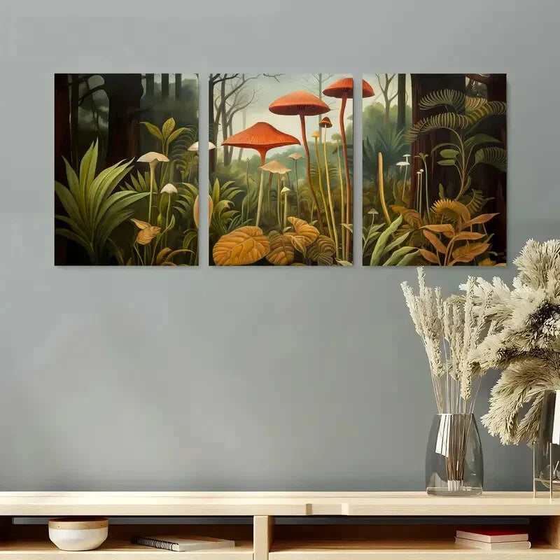 3pcs Mid Century Jungle Mushroom Metal Print Ready to Hang Art