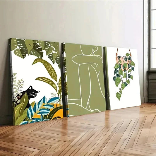 3pcs Abstract Classic Modern Botanical Black Cat Wall Art Set Canvas Framed 40x60cm - High Quality Print 100% Australian Made Wall Canvas Ready to Hang