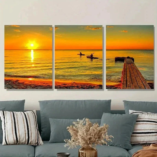 3pcs Sunset Beach Fishing Boats Ocean Vibrant Wall Art Set Canvas Framed 40x60cm - High Quality Print 100% Australian Made Wall Canvas Ready to Hang
