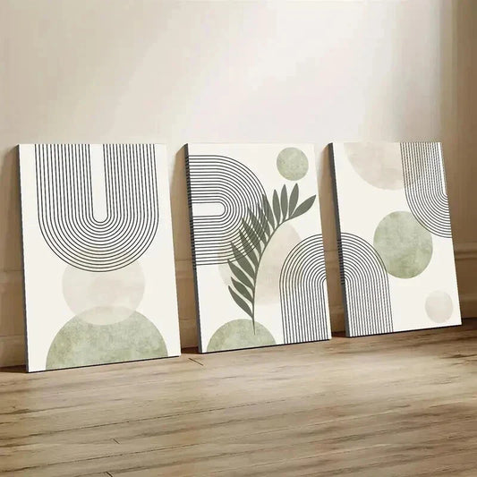 3pcs Abstract Sage Green Geometric Line Wall Art Set Canvas Framed 40x60cm - High Quality Print 100% Australian Made Wall Canvas Ready to Hang