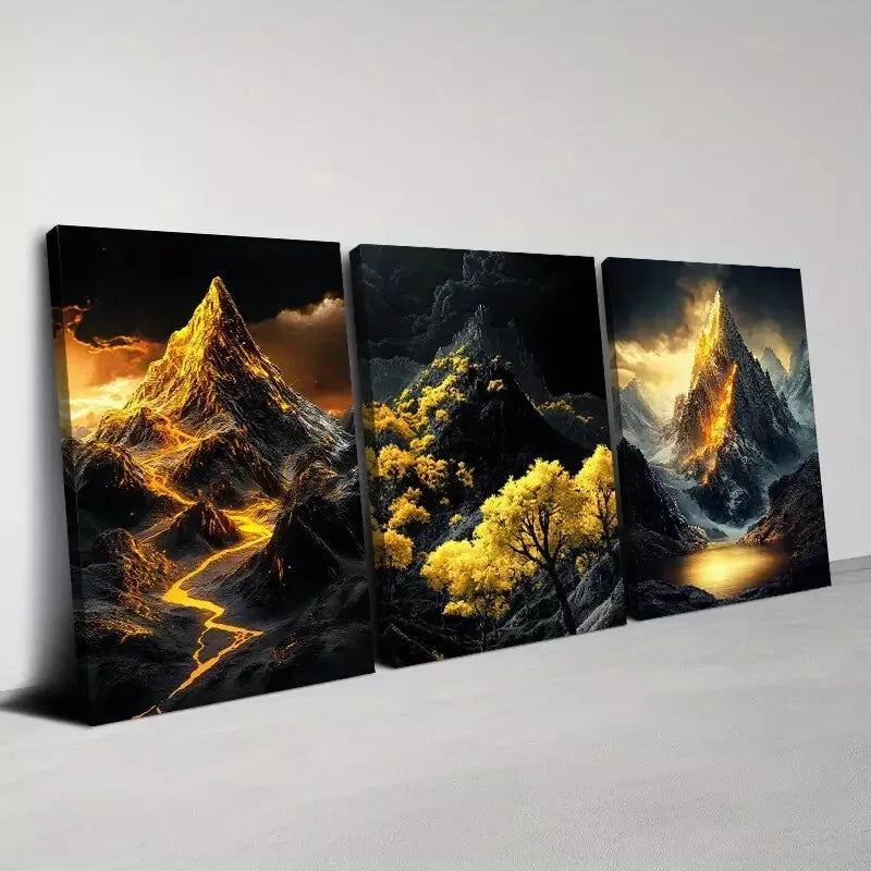 3pcs Modern Abstract Golden Mountains with Tree Wall Art Set Canvas Framed 40x60cm - High Quality Print 100% Australian Made Wall Canvas Ready to Hang