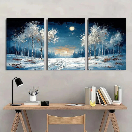 3pcs White Birch Trees & Snowy Forest Scene Metal Print Ready to Hang Art