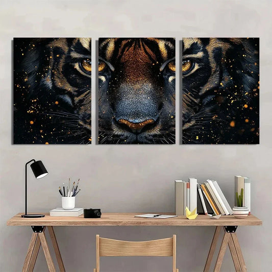 3pcs Black and Golden Tiger Animal Metal Print Ready to Hang Art
