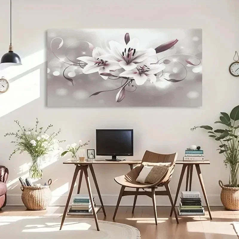 Geometric White Floral Style Wall Art Canvas Office Home Room Framed 120x60cm