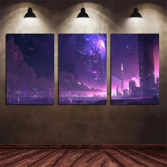 3pcs Thunderstorm Night Cityscape Urban Metal Print Ready to Hang Art