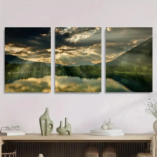 3pcs Mountain Lake Sunset Sunlight Breaking Metal Print Ready to Hang Art