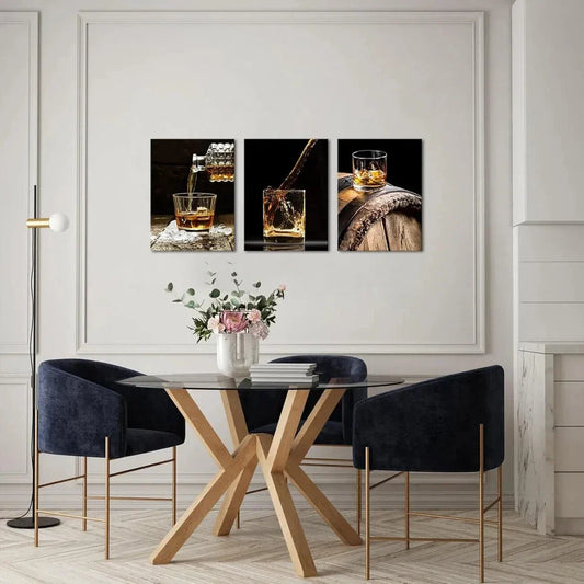 3pcs Vintage Whisky Wine Barrels Glass Metal Print Ready to Hang Art