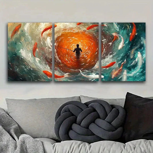 3pcs Fisherman, koi Art Painting Metal Print Ready to Hang Art