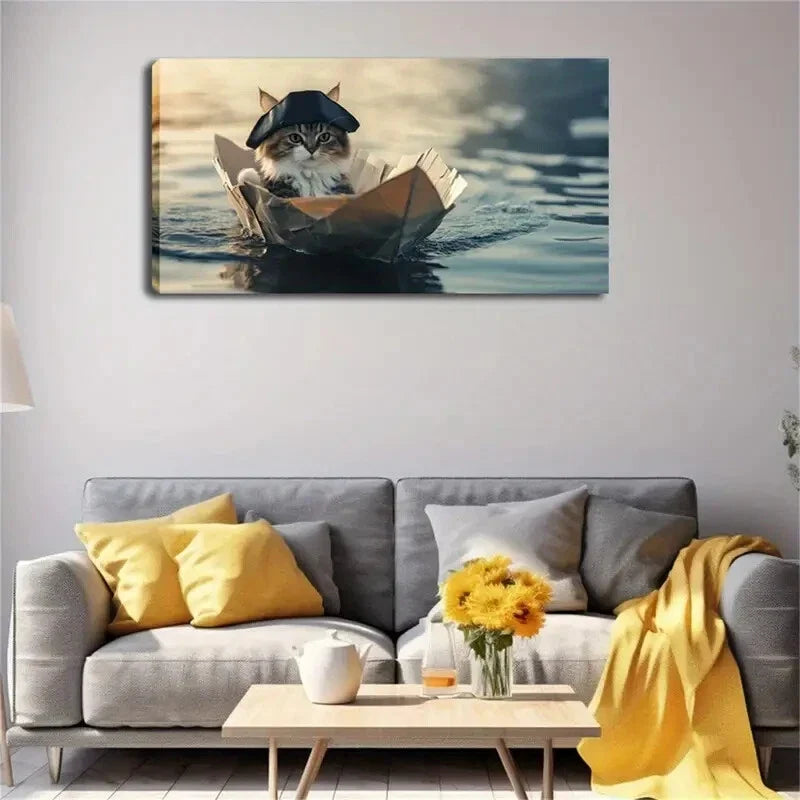 Realistic Cat in Paper Boat Wall Art Canvas Office Home Room Framed 120x60cm