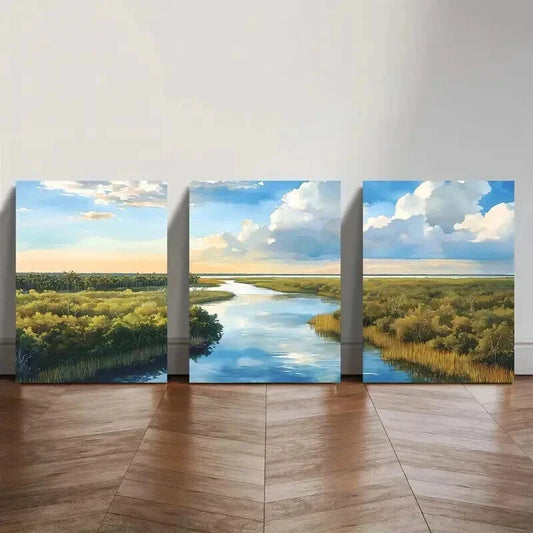 3pcs Serene River & Marsh Watercolor Landscape Wall Art Set Canvas Framed 40x60cm - High Quality Print 100% Australian Made Wall Canvas Ready to Hang