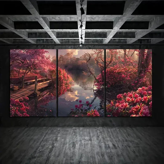 3pcs Bridge Scenic Modern Red Tree Colourful Metal Print Ready to Hang Art