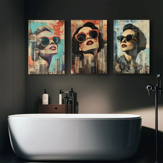3pcs Women Wearing Fashionable Glasses Metal Print Ready to Hang Art